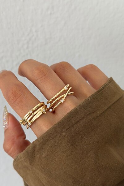 Lavian Accessories 2’li Amelia Zirkon Taşlı Gold Çapraz Yüzük Seti (AYARLANABİLİR)