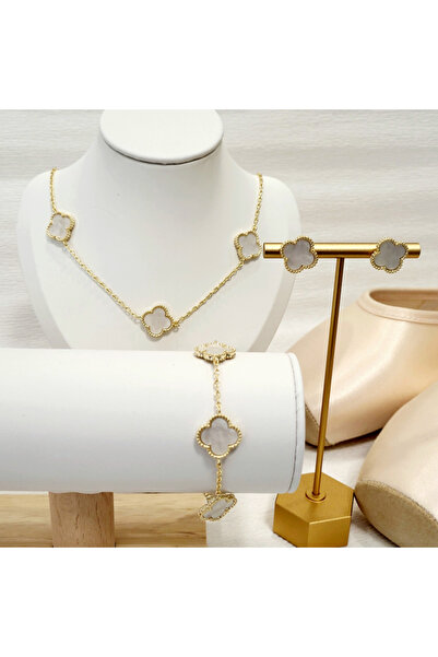 OEM Set în stil Van Cleef - alb și auriu - cercei, brățară, colier