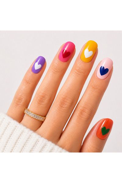 Takma Takma Takma Tırnak Nail Art Renkli M Beden Kısa Yuvarlak 15'li El Yapım...