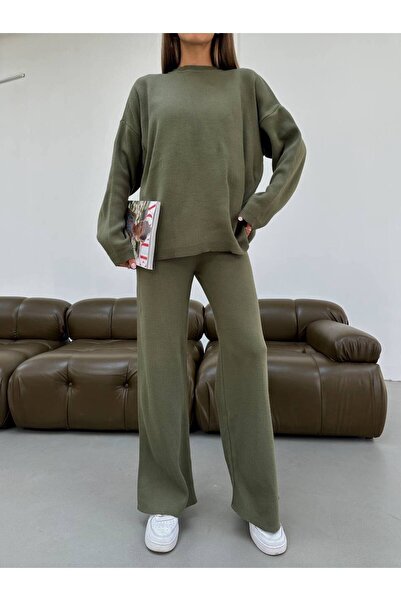Flarsky Women's Crew Neck Oversize Sweater-Pants Knitwear Women's Bottom-Top Set