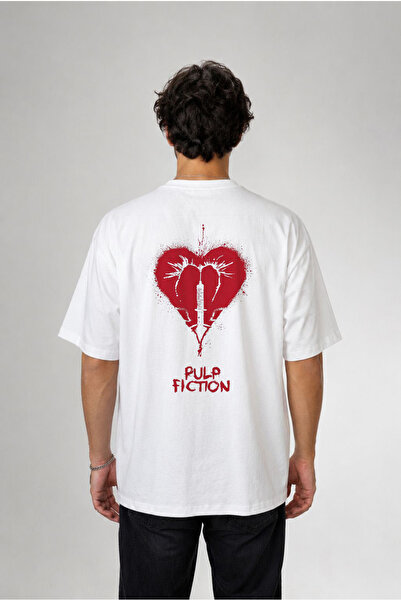 cesita Pulp Fiction Printed Oversize Cotton White T-Shirt