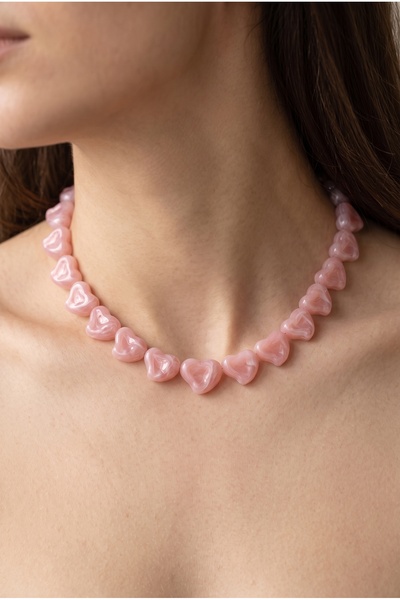 Glaren Pembe Kalp Akrilik Taş Kadın Kolye
