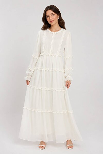 QARA Chiffon Dress with Elastic Waist and Ruffle Details
