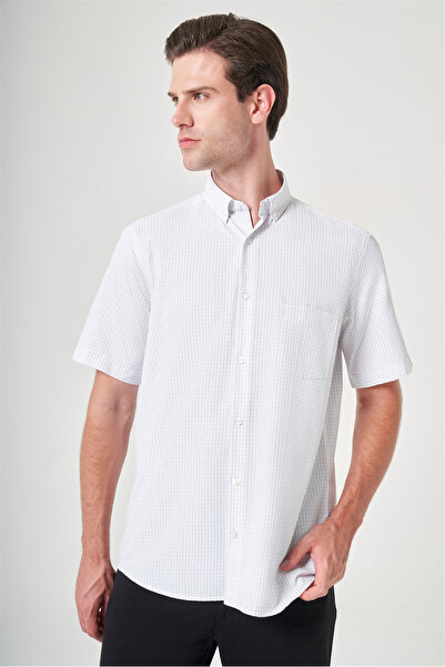 İmza White-Navy Blue Buttoned Collar Short Sleeve Pocketed Comfort Fit Cotton...