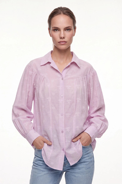 cemo Nakışlı Oversize Uzun Kollu Gömlek