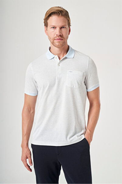 İmza White-Blue Knitted Polo Collar Short Sleeve Pocket Comfort Fit Cotton T-...