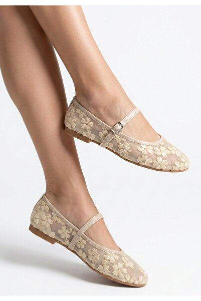 Lavish Gold Cuwe Beige Tulle Ballerina Shoes