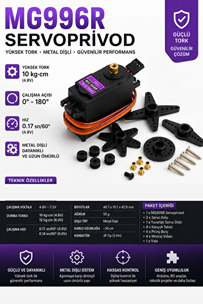 RoboPazar MG996R Metal Dişli Servo Motor – 180° Yüksek Torklu PWM Servo 4.8-7.2V