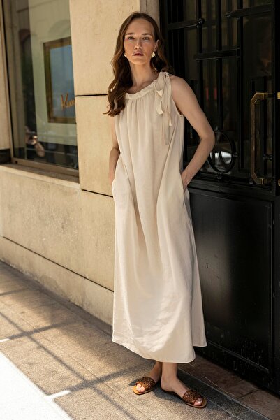 Suziş Long Dress with Shoulder Tie 3213
