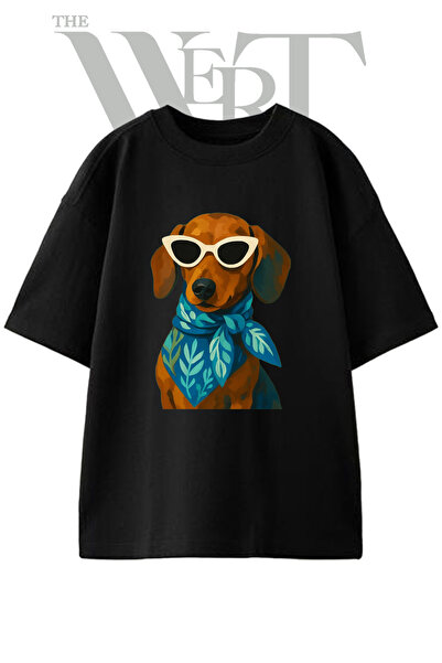 THEWERT Μπλουζάκι Unisex με στάμπα Dachshund Art Design σε μαύρο χρώμα oversize