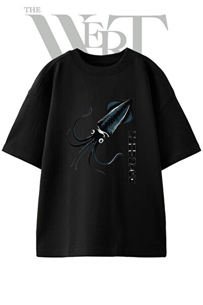 THEWERT تي شيرت أسود كبير الحجم مطبوع بتصميم Ink Squid للجنسين