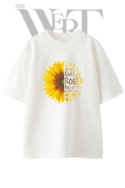 THEWERT Μπλουζάκι Unisex Λευκό Oversize με τυπωμένο σχέδιο Sunflower Quote De...