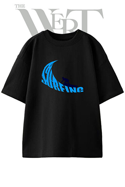THEWERT Μπλουζάκι Unisex με στάμπα Surfing Wave Design, μαύρο, oversized