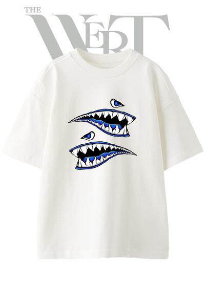 THEWERT Shark Mouth Design Printed Unisex White Oversize T-Shirt