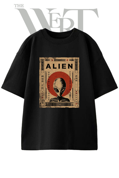 THEWERT Gray Alien Design Printed Unisex Black Oversize T-Shirt
