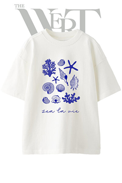 THEWERT Sea Creatures Design Printed Unisex White Oversize T-Shirt