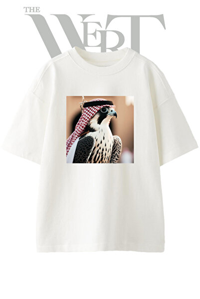 THEWERT تي شيرت أبيض كبير الحجم مطبوع بتصميم Falcon Keffiyeh للجنسين