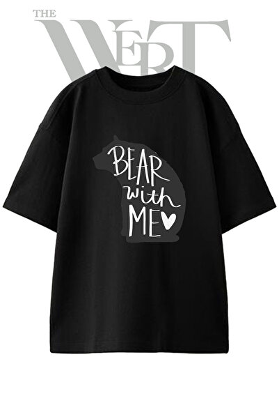 THEWERT Bear with Me Design Printed Unisex Black Oversize T-Shirt