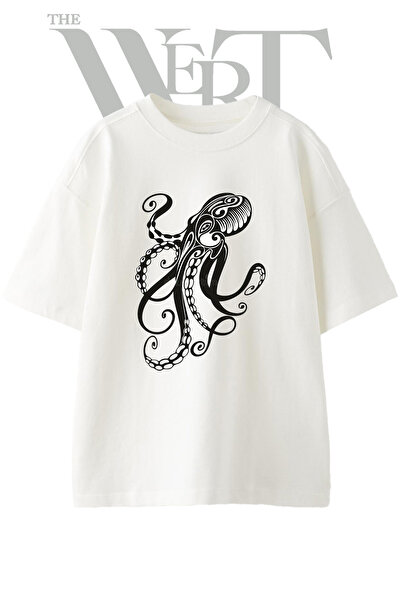 THEWERT Tribal Octopus Design Printed Unisex White Oversize T-Shirt