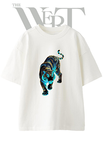 THEWERT Tiger Pattern Design Printed Unisex White Oversize T-Shirt