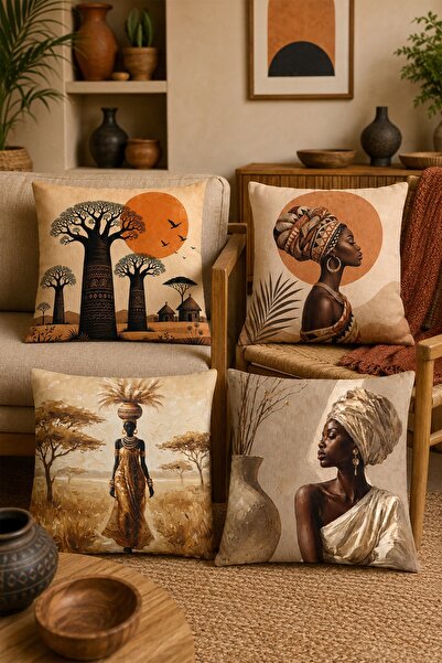EVPANYA Bohemian African Girl Patterned 4-Piece Throw Pillow Cover Set