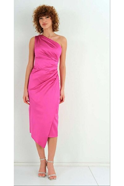 Hazel Women's Pink One-Shoulder Draped Satin Midi Evening Dress