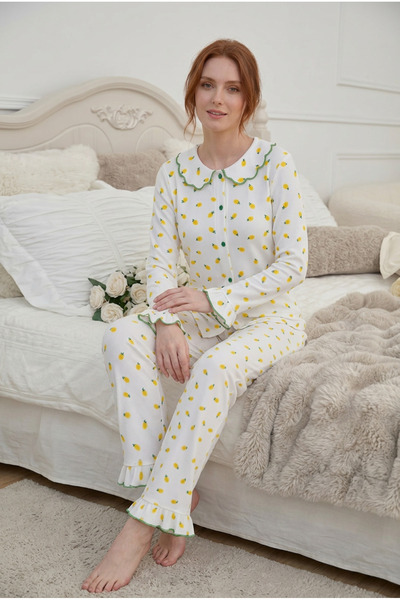 JENİKA Women's Cotton Lemon Patterned Pajama Set, Long Sleeves, Front Buttone...