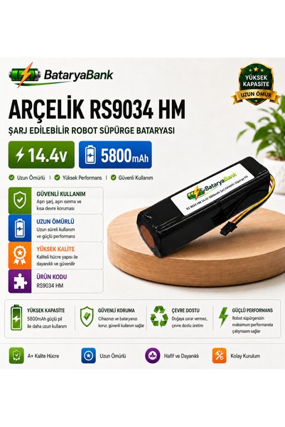 BataryaBank Arçelik RS9034 HM 14.4V 5800mAh Şarj Edilebilir Robot Süpürge Bat...