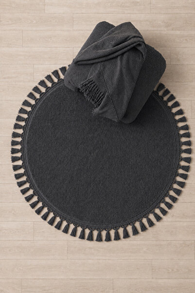 Sarar Round Knitted Fringed Plush Post Washable Non-Slip Base Carpet Anthracite