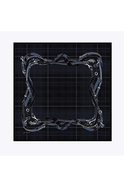 Zerafetim Plaid Belt Pattern Tivil Silk Scarf Navy Blue