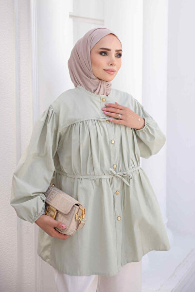 İmajButik Çağla Kol Lastikli Ön Bağlamalı Büzgülü Gömlek