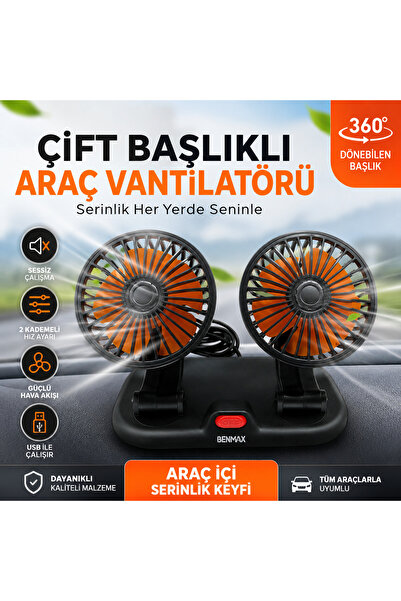 matcar Çift Başlıklı Araç Vantilatörü USB 12V 360° Dönebilen Sessiz Araç İçi ...