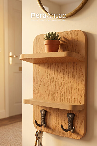 PeraWooden Pera Wooden Ledge 2 Raflı 2 Kancalı Duvar Askılığı Anahtarlık Orga...