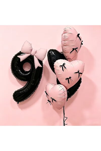 ÇITIPITISTORE Siyah Rakam Kalp Pembe fiyok Kalp folyo balon parti kutlama seti