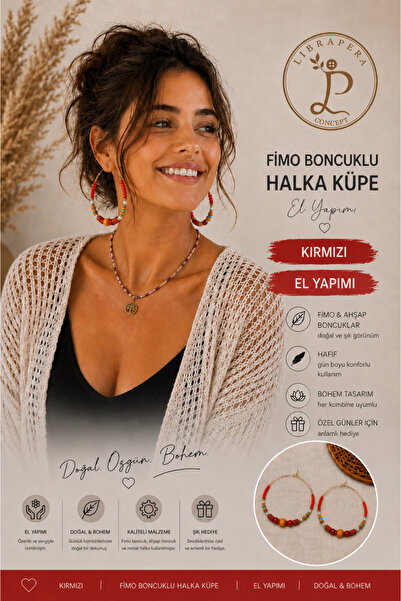 Librapera Concept Kırmızı Boncuklu Büyük Halka Küpe 6,5 cm