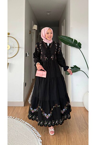 Nes Moda Kadın Etamin Nakışlı Belden Lastikli Keten Tesettür Elbise