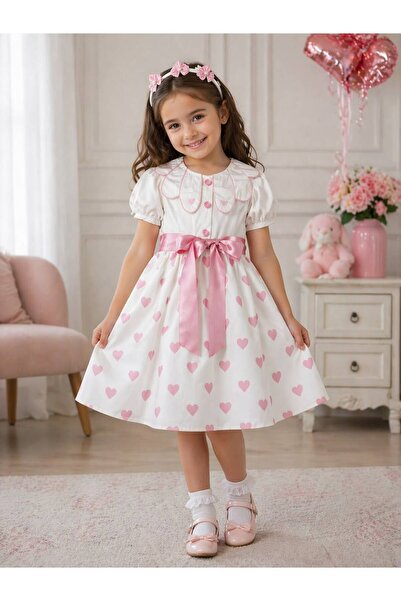 Kuzucuk Kids Bebek Çocuk Butik Kız Çocuk Kalpli Fiyonk Detaylı Yazlık Elbise ...