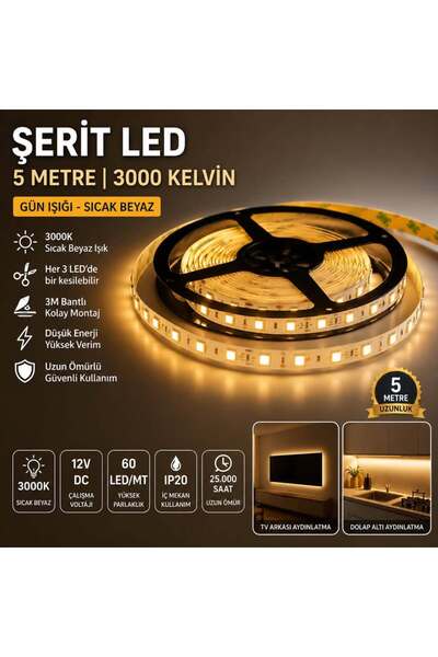Horoz Gün Işığı 3000K İç Mekan Şerit Led 3 Çip 5 METRE 12V
