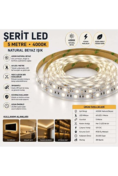Horoz 12V Iç Mekan LED Şerit 4000K Ilık Beyaz 5 Mt Yüksek Lümen