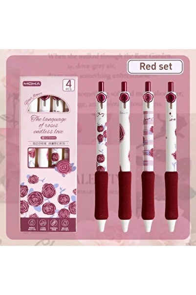 ÖZ OFİS Kawaii 4'lü Moka 0.5mm Gül Desenli Sünger Tutuşlu Basmalı Jel Kalem S...