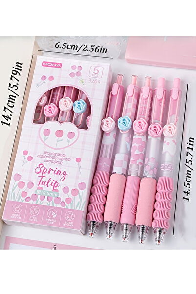 ÖZ OFİS Kawaii 5'li Moka Spring Tulip Pembe Lale Temalı Jel Kalem Seti - 0.5 ...