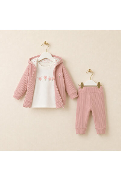 Alvadonna Embroidered Front Triple Baby Girl Ribbed Cotton Set