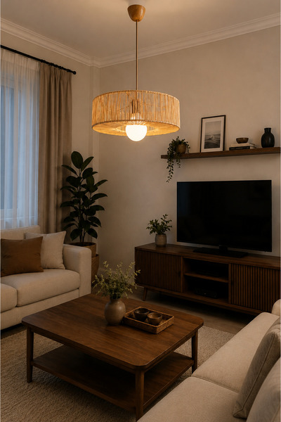 Turkish Belkıs Rattan Rattan Bambu Rafya Hasır Makrome Sarkıt Avize 40 cm çap