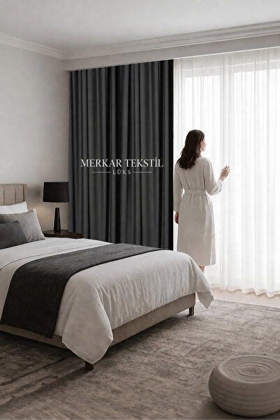 DENAS PER FÜME-ANTRASİT Karartma Pilesiz Blackout Fon Işık Güneş Geçirmez Per...