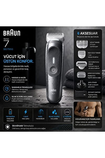 Braun Vücut Tıraş Makinesi Series 7, +6 Aksesuar, Kompakt, Smartlight, BG7550
