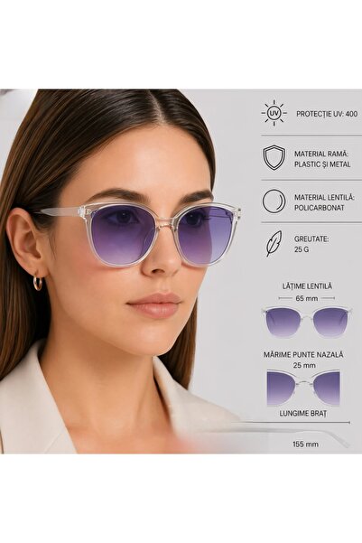FIMILU Ochelari de soare femei, UV400, rame transparente si lentile violet, s...