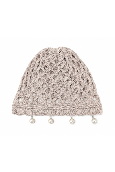 RAİR BEAUTY Handmade Women's Knitted Bohemian Mesh Summer Beret with Pearl Detail in Mink Color