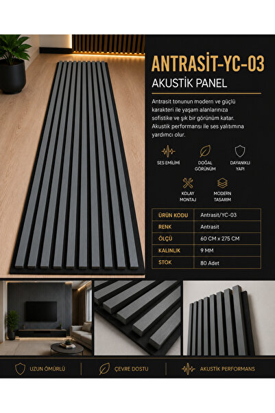 AKUSTİKCİGİM Keçeli Akustik Panel 60 cm x 275 cm/ ANTRASİT YC-03