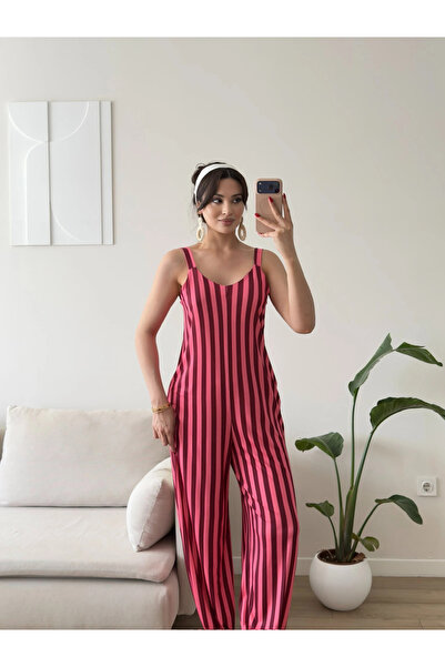 Zoom Butik Zr Premium Çizgili Tulum - PEMBE