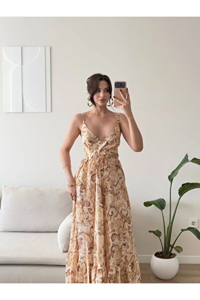 Zoom Butik Şal Desen Askılı Maxi Elbise - SARI